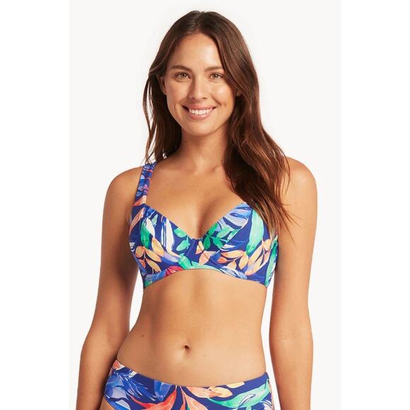Sea Level Cabana Blue Floral D Cup Underwire Bra Bikini Swimsuit Top Size 8
